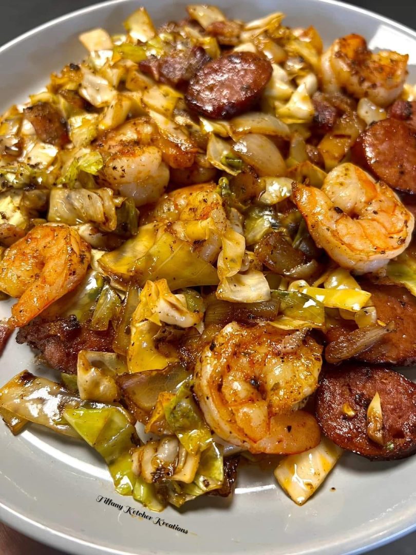 FRIED CABBAGE WITH SHRIMP, SAUSAGE & BACON 